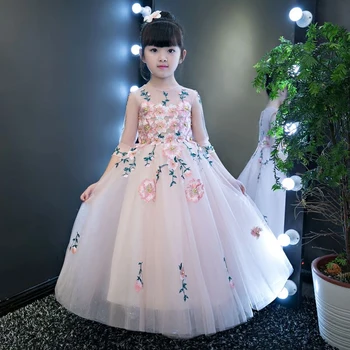 

New Girls Prom Dress Baby Embroidery Flowers Princess Dresses Children Sleeves Birthday Party Wedding Ball Gown Carnival Costume