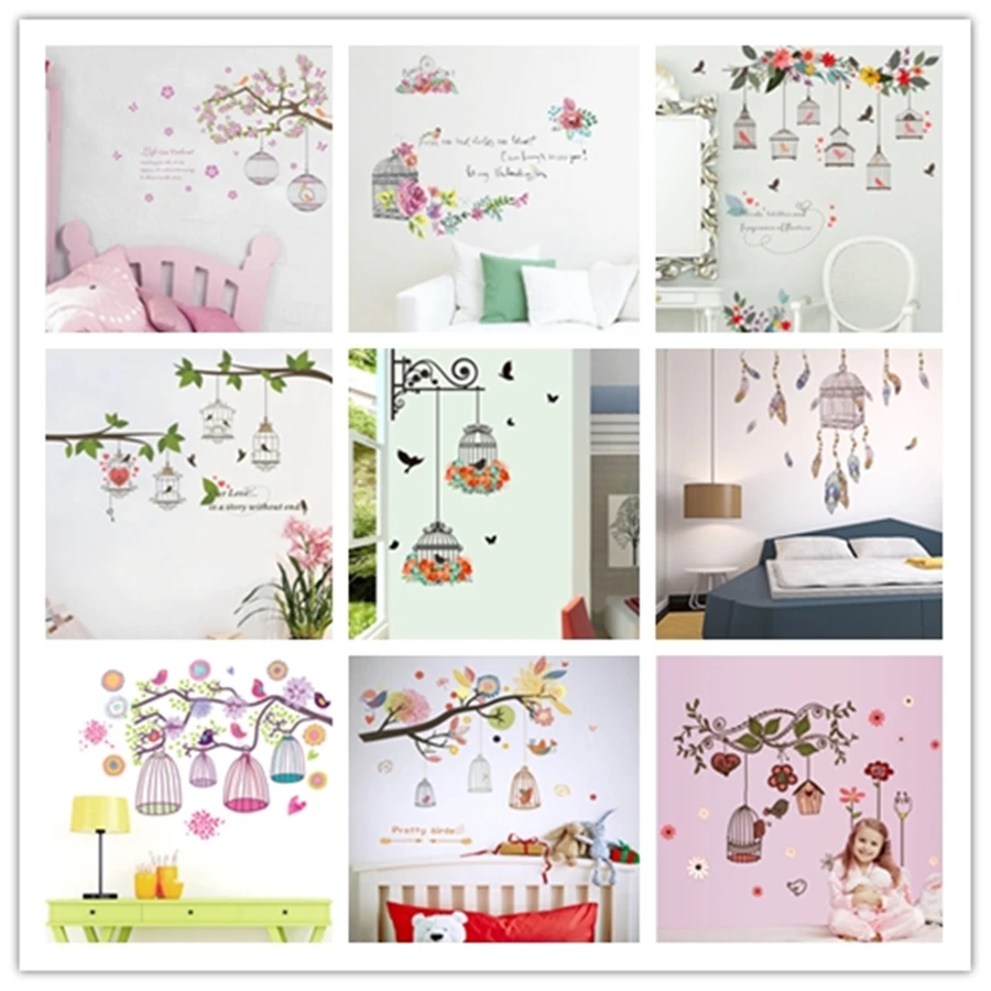 

% Cartoon animal bird Birdcage Flower Living room Nursery Room Wall Stickers Vinyl Wall Decals Wall Sticker Kids Room Home Decor