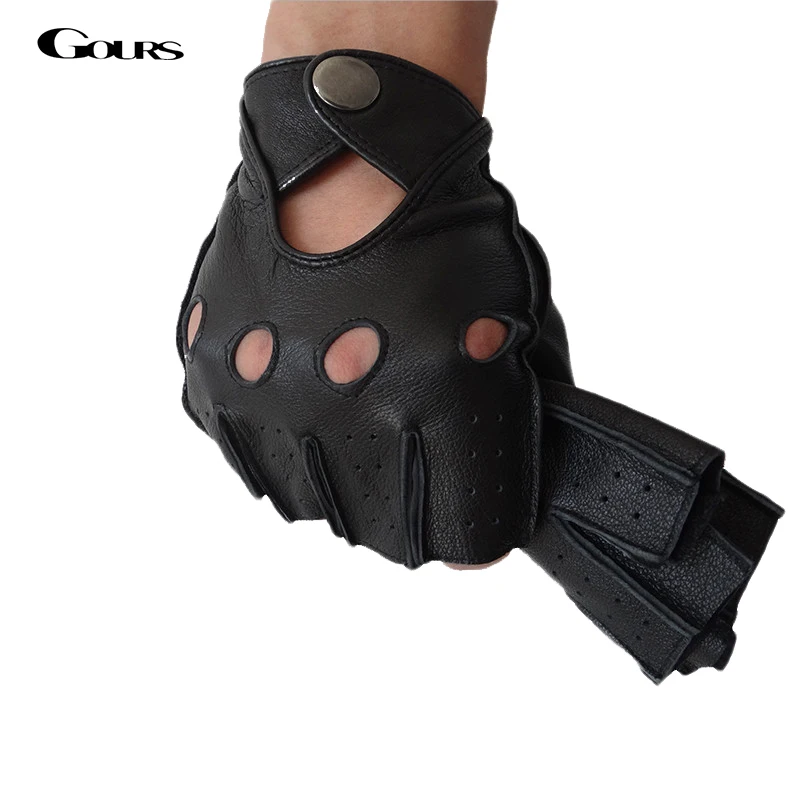 Winter Mens Genuine Leather Fingerless Gloves Black Half Finger Driving Male GYM