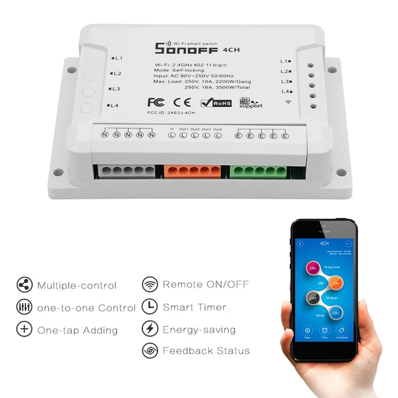 Интеллектуальный выключатель света Sonoff 4CH R2 10A/Gang 4-канальный Wifi умный переключатель домашней автоматизации RF дистанционный выключатель света Поддержка 4 устройству работать с Alexa Google Home