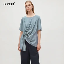 SONDR 2019 summer new women's wear European and American mercerized cotton irregular hem haze blue pleated T-shirt knit top tee SONDR 2019 summer new women's wear European and American mercerized cotton irregular hem haze blue pleated T-shirt knit top tee