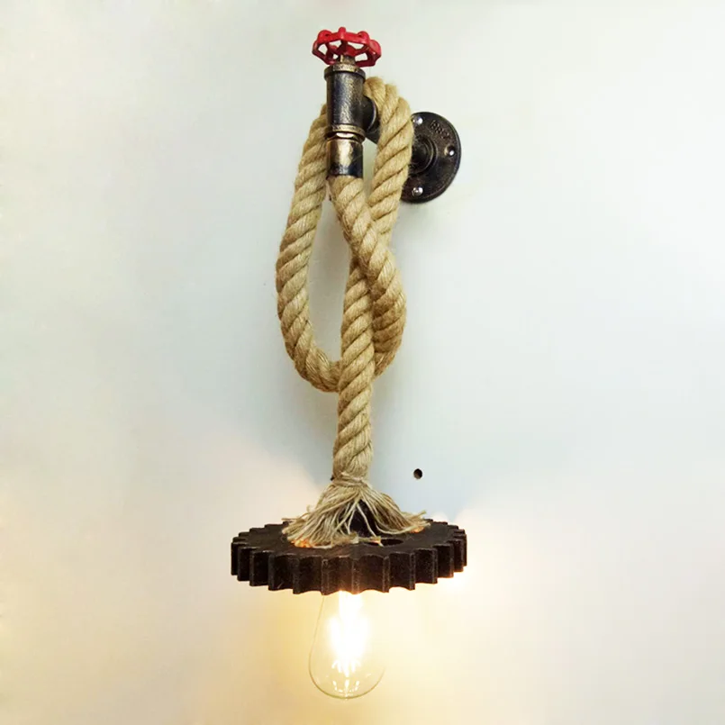 

Loft E27 hemp rope wall light restaurant bar cafe light aisle bedside stair pub wood gear wheel wall lamp adjustable sconce bra