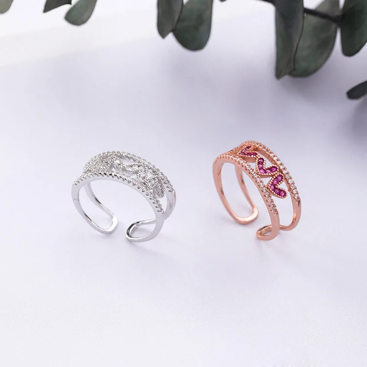 Корейские кольца из розового золота и серебра с кубическим цирконием, двухслойные открытые кольца с сердечком для женщин и девочек, свадебные украшения для помолвки, подарок