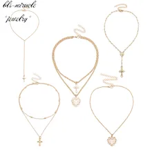 

bls-miracle punk fashion accessories Multilayer gold color crystal cross with heart pendant chain Necklace set for lover N587