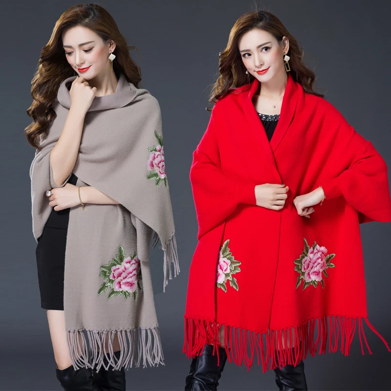 Best Price Embroidery tassel Shawl jacket in the long section long-sleeved cardigan spring autumn winter thick warm cloak scarf dual-use