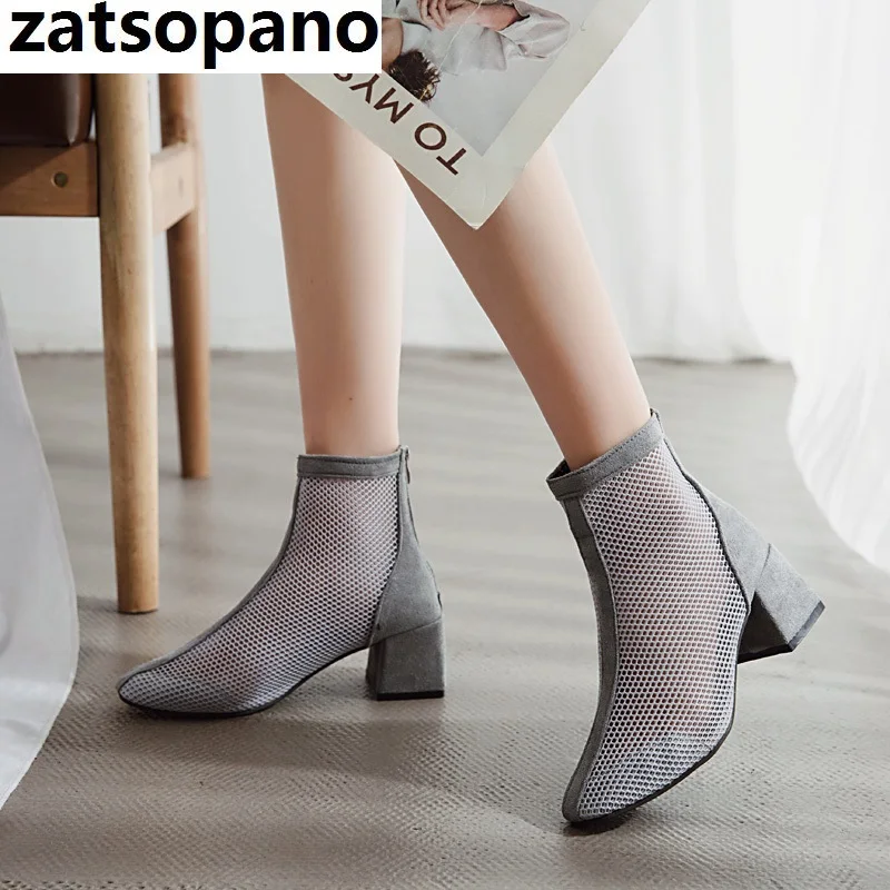 

Zatsopano Women's Summer Round Toe Sandals Concise Solid Faux Suede Black Zip Boots Thick Med Heels Casual Shoes Woman