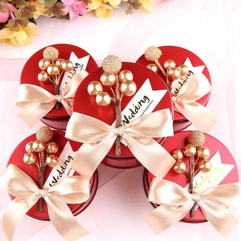 Роскошная золотая круглая форма жестяная коробка конфет на свадьбу с ягодный цветок лента Металл маленькие вечерние сувениры Подарочные коробки шоколада