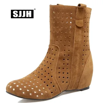 

SJJH Woman Flock Ankle Boots with Round Toe Low Heels Cut-outs Summer Short Boots Comfort Fashion Casual Shoes Large Size Q098