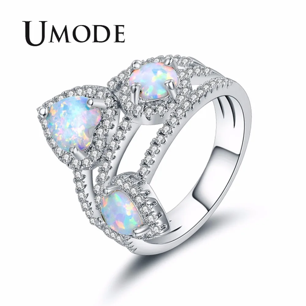 

UMODE Fashionable White Fire Opal 3 Rings for Womens Heart Round Princess Cut Jewelry Femme Wedding Bands Accessories UR0417