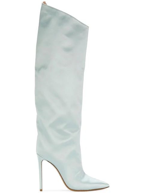 Женские ковбойские сапоги для подиума на шпильке; зеркальные кожаные сапоги-ботфорты с металлическим блеском; пикантные женские ботиночки на очень высоком каблуке; коллекция года