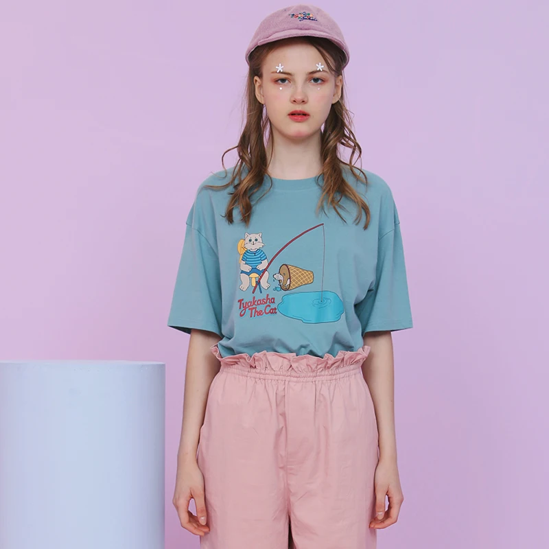 

Summer New Women Tee Shirt Tops Cotton Cut Cats Printed Ladies Blue T-shirts Short Sleeve O Neck 2017 T Shirt For Female Loose