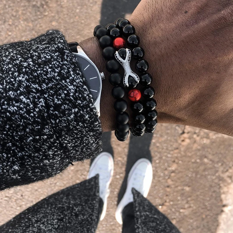 

3pcs/set 8mm Natural Stone Men Bracelet Black natural Stone Beads Bracelet Black CZ Eagle Claws Charm Women Men Jewelry