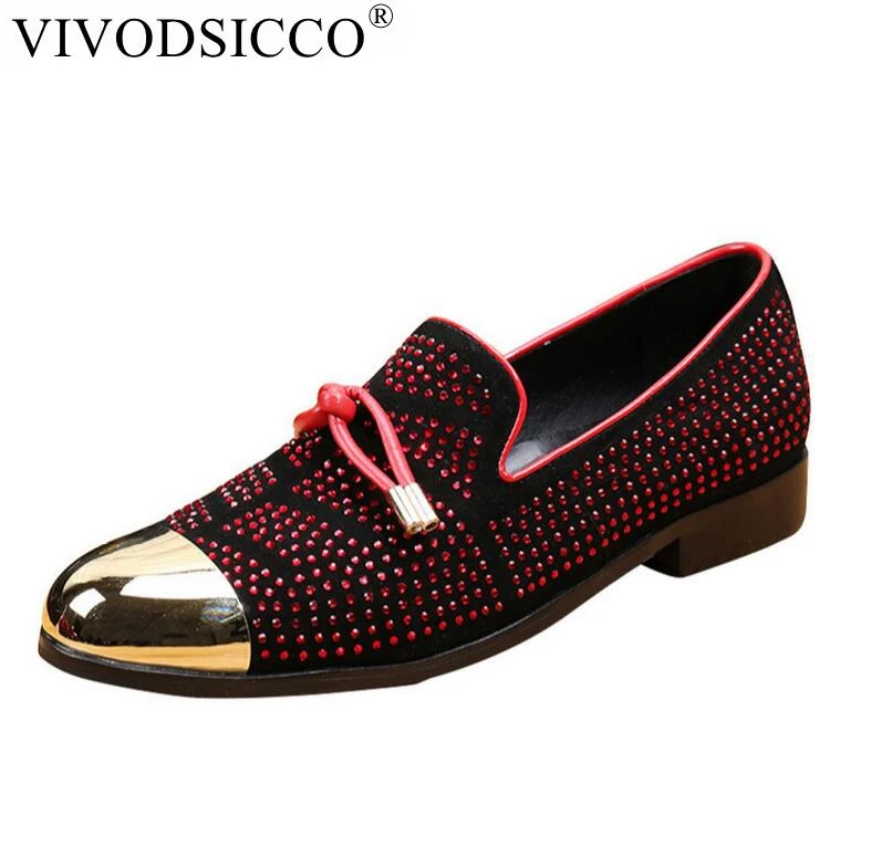 VIVODSICCO итальянский вечерние мужчин свадьбу ручной работы Лоферы для женщин красные стразы Бизнес Мужские модельные туфли замш