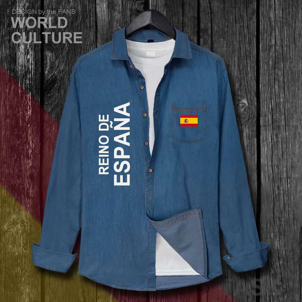 Королевство Испания Espana испанский Spaniard мужская одежда осенняя хлопковая джинсовая рубашка с отложным воротником с длинным рукавом ковбойская куртка топы