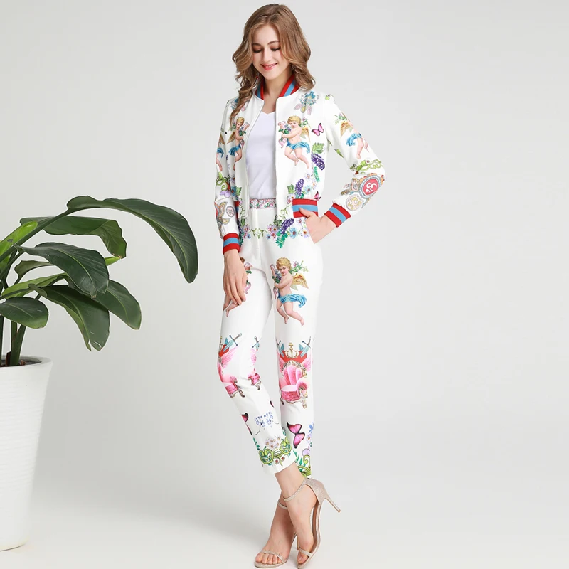 

Red RoosaRosee Fashion New Two Piece Suit Women Vintage Character Print Long Sleeve SHort Jacket + Pants Set Lady Autumn Twinset
