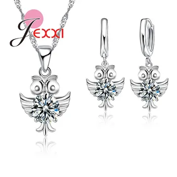 

Fast Free Shipping Vintage Owl CZ Crystal 925 Sterling Silver Pendant Necklaces Earring Bridal Jewelry Set For Women Party