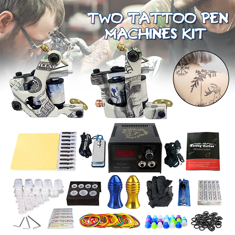 

Professional Tattoo Coil Machine Kits Two Machines Completed Tattoo Power Supply Ink Kits Two Machines for Artist Tattoo Kit