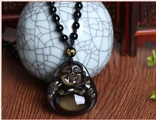 Ожерелье из натурального обсидиана с подвеской Будды maitreya talisman | Украшения и