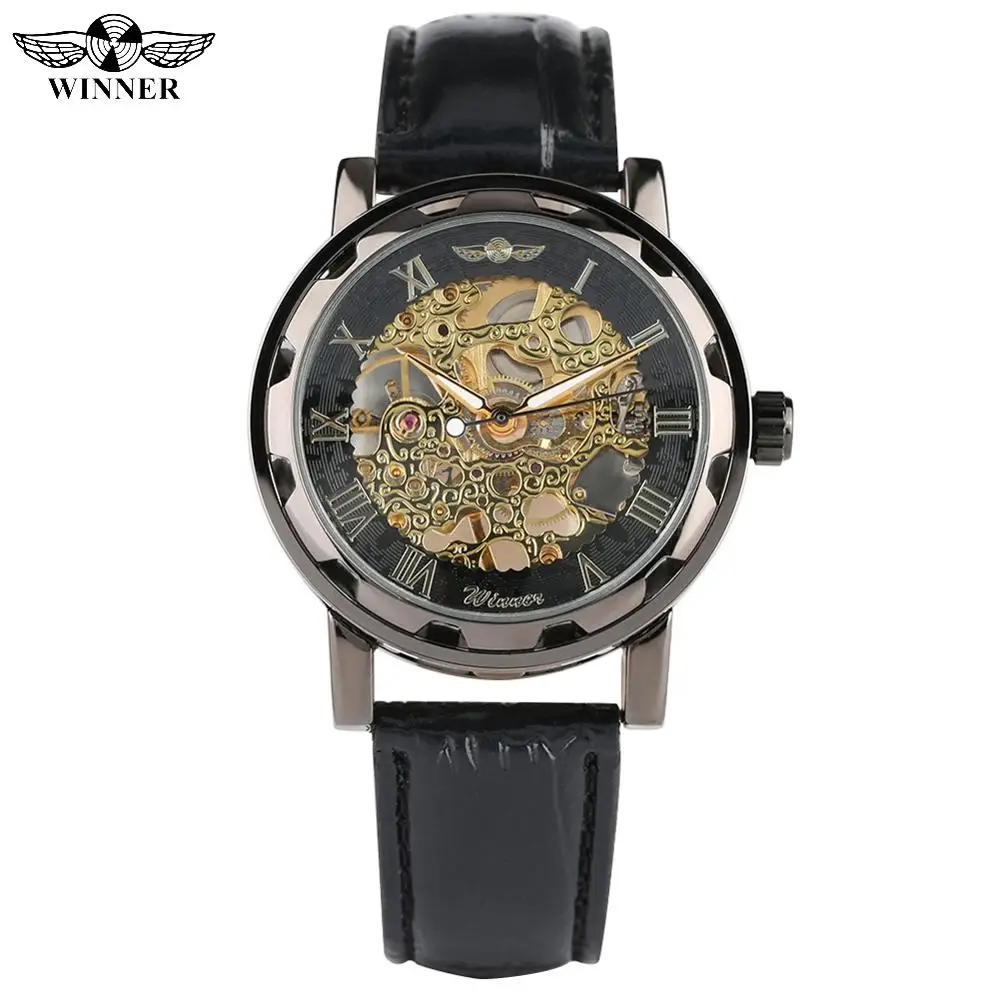 

Luxury Mechanical Skeleton Watch for Men Gold Case Watch for Male Fashion Leather Strap Self-Winding Mechanical Watches for Boy
