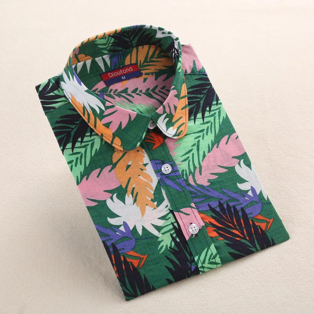 Dioufond Antumn Cotton Women Flamingo Blouse Floral Printed Ladies Long Sleeve Tops Vintage Famale Plus Size Casual Shirt