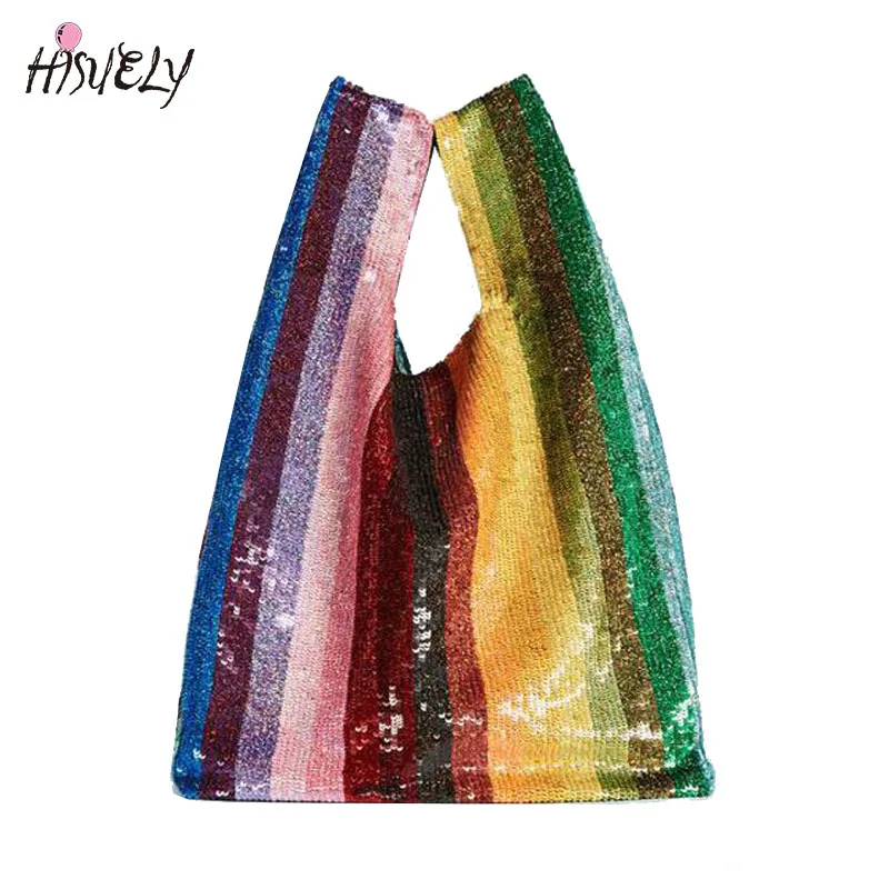 

Fashion Rainbow multicolor Sequin Bag Grocery Beading Sequined Large Tote Lady Clutch Evening Handbag Korean Women Causal Purse