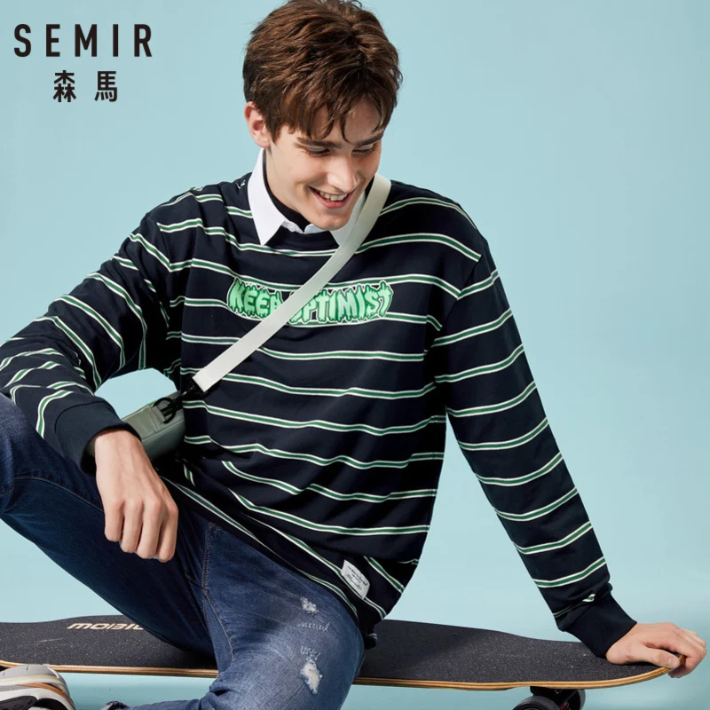 

SEMIR Men Retro Striped Sweatshirt with Ribbed Crewneck Cuff and Hem Men's Printed Sports Pullover Sweatshirt for Spring Autumn