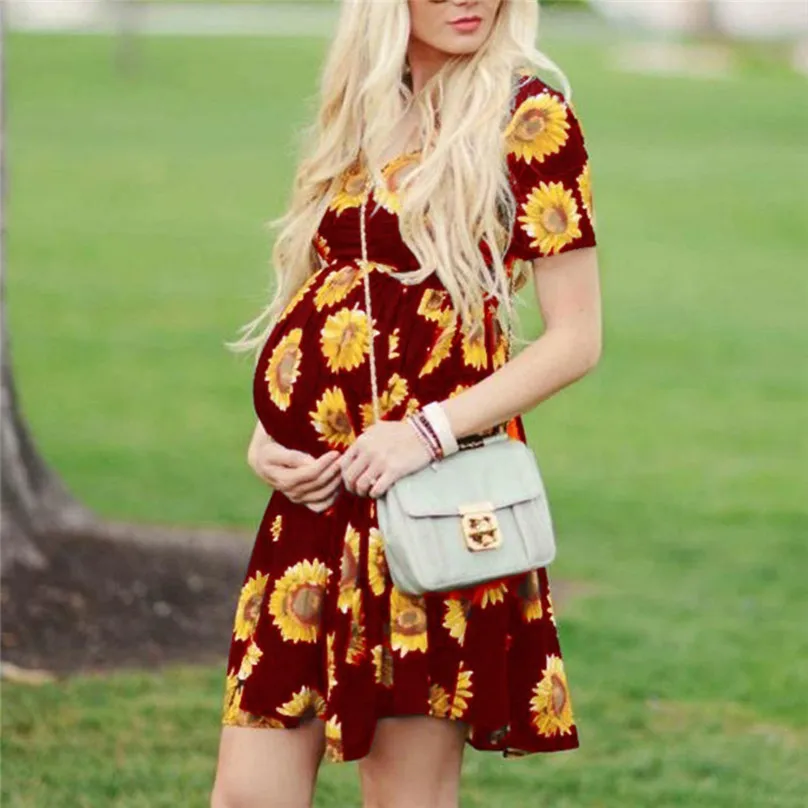 

Summer 2019 Maternity Dress Pregnancy Dress Women Pregnant Maternity Clothes Short Sleeve Flower Printed Belt Dresses L13