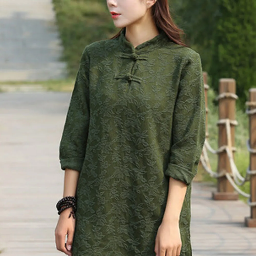 

Runback Long Sleeve Loose Casual Women Blouses Solid Green Autumn Chinese Vintage Female Blousas Feminina Flax Slit Tops Shirts