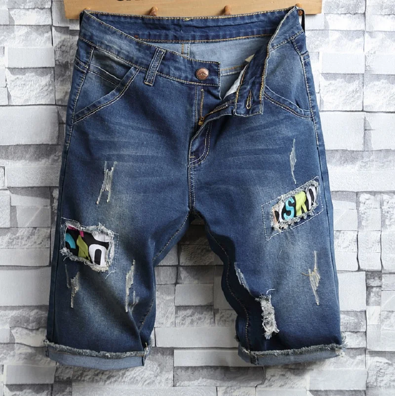 NEW 2017 Men's Ripped Jeans Metal Retro Shorts Vintage Male Patched ...