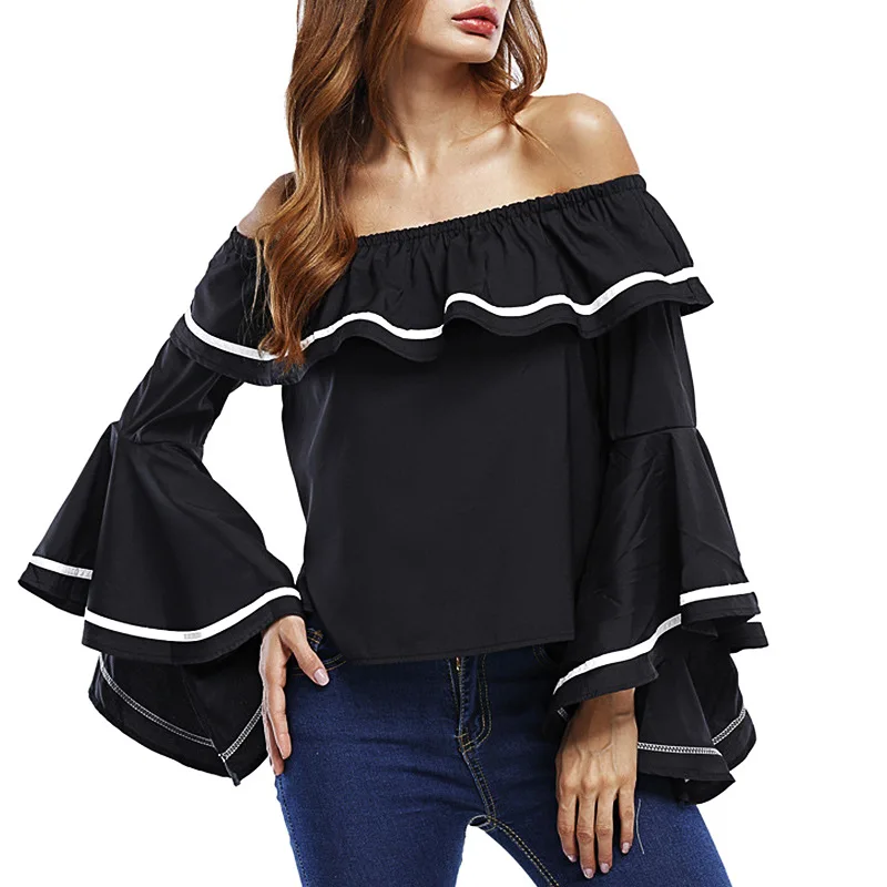 New fashion T shirt off the shoulder collar loose ladies Tshirt flare