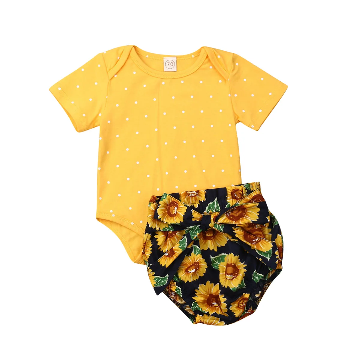 

2019 Newborn Infant Toddler Baby Girl Clothes Set Summer Short Sleeve O-Neck Dot Bodysuit Sunflower Shorts 2Pcs Outfit Clothing