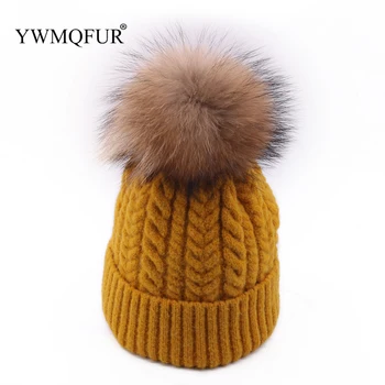 

Autumn Winter Women's Knitted Beanie Caps Thick Warm Ladies Skullies Hat With Raccoon Fur Pompom Gorro Ski Girl Hats 2019 New