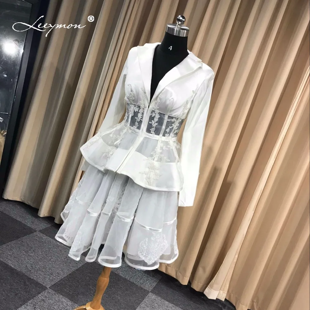 Leeymon Made Sexy Long Sleeves Cocktail Dress Elegant lace Two Pieces Cocktail dress for Formal Party Dress