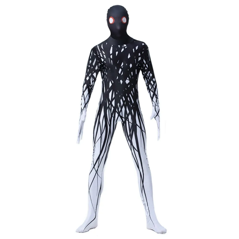 Хэллоуин взрослых полное тело зентай костюм лайкра спандекс Ужасный Призрак костюм черный белый страшный комбинезон мужские вечерние смешные комбинезоны