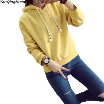 

Fashion Stitching Korean Version Of Loose Casual Sweatshirt Women YANQINGHUAN 2018 Autumn And Winter Solid Color Girl Hoodie Top