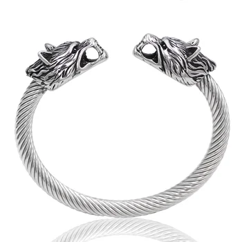 

Men stainless steel viking wolf head norse bracelet adjustable size