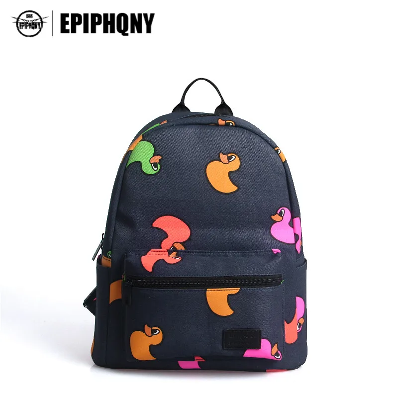 

Epiphqny Famous Brand Black Duck Cartoon School Bag Colorful Pocket Small Canvas Backpack Animal Printing Zipper Backpacks Girl