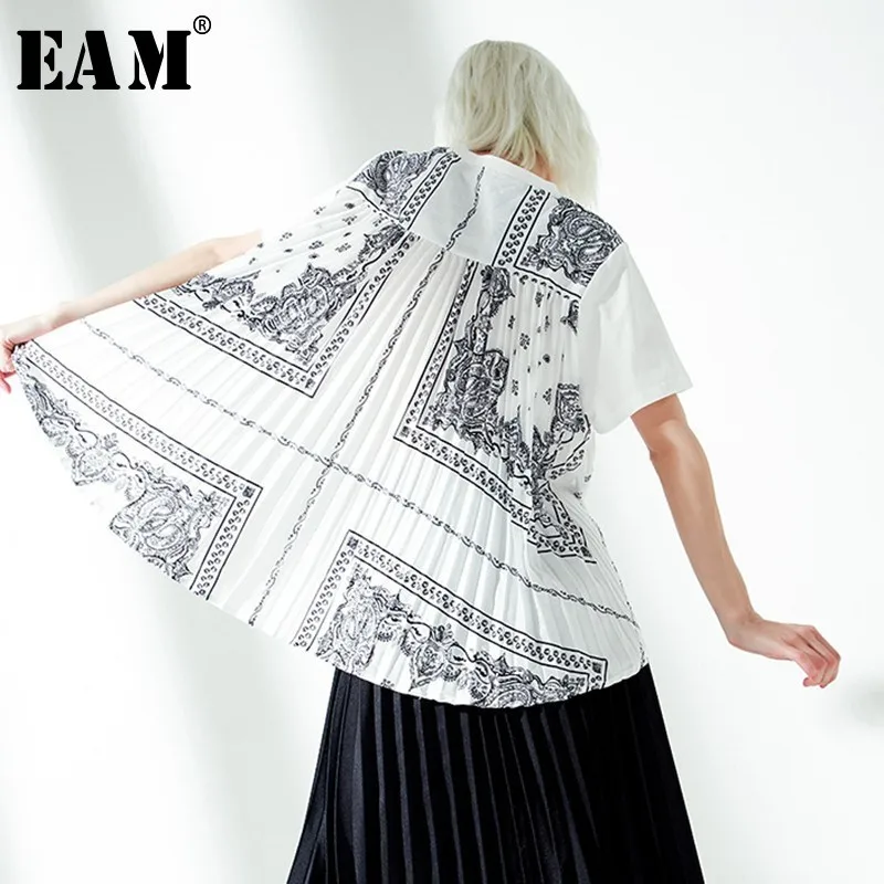 

[EAM] 2019 New Spring Summer Round Neck Short Sleeve Back Pattern Pleated Stitch Loose T-shirt Women Fashion Tide JT211
