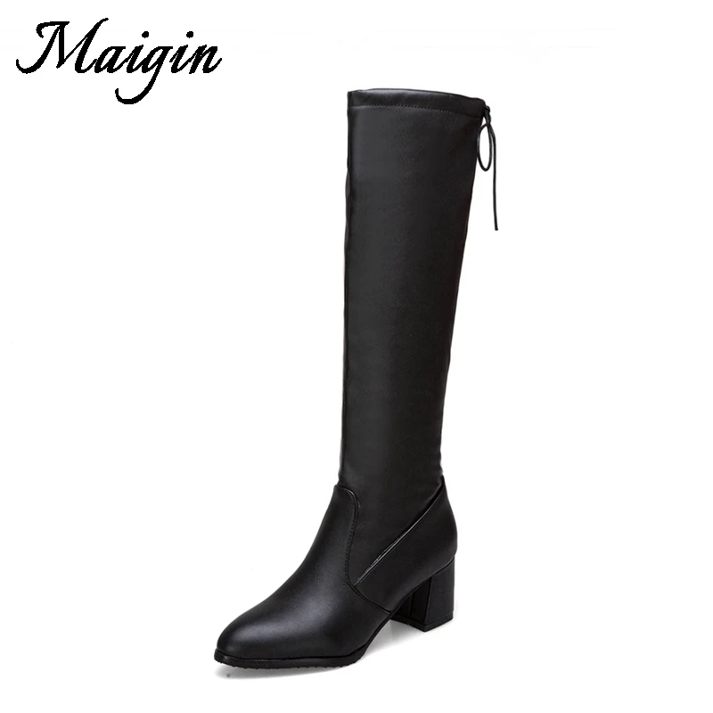 Maigin 2018 Winter Knee High Boots Women Pointed Toe Square Heels Footaear High Heels Botas Plus Size 34-43 Ladies Shoes