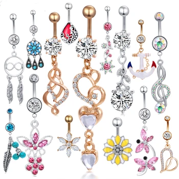 

JUNLOWPY wholesales 20pcs mix style crystal navel ring bars body piercings Dangle belly button ring For Woman Beach Jewelry