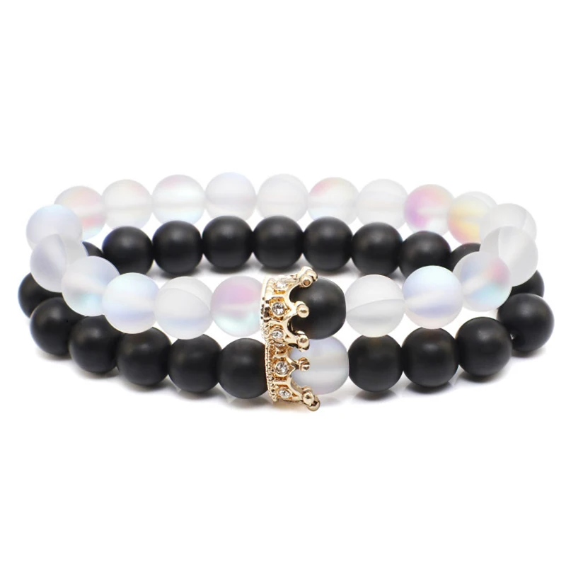 White And Black 2pcs WIWI пара браслет матовый камень бисера браслеты для женщин циркониевый Кулон Корона эластичная веревка ручная работа, браслет из бусин ювелирные изделия - Окраска металла: White And Black 2pcs
