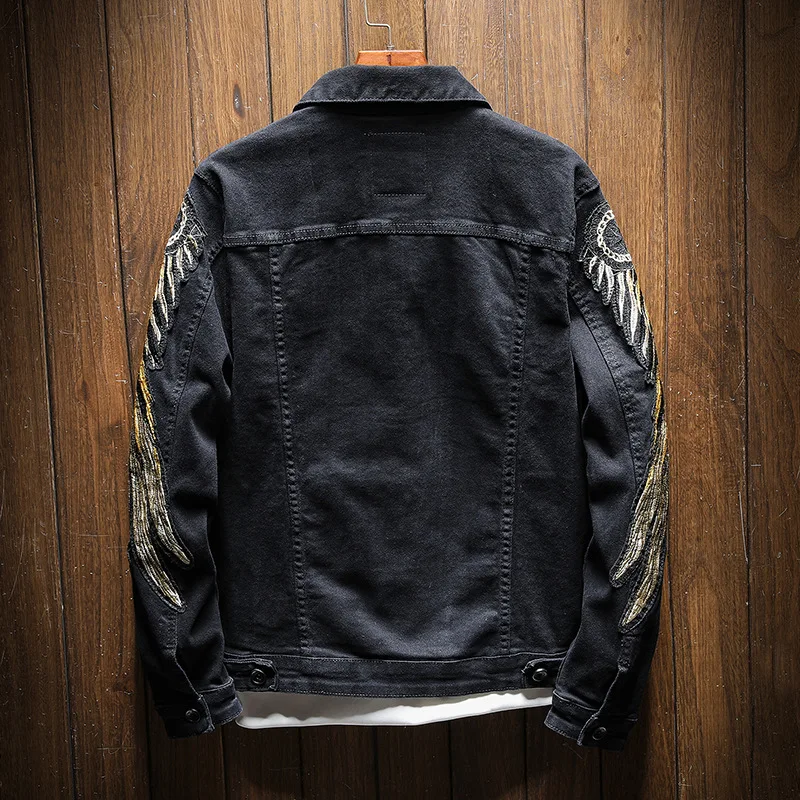 ABOORUN Марка NEW FASHION Hi Street Для мужчин, Модная Джинсовая куртка золотыми крыльями куртка с вышивкой Демисезонный Slim fit пальто для мужчин x1800