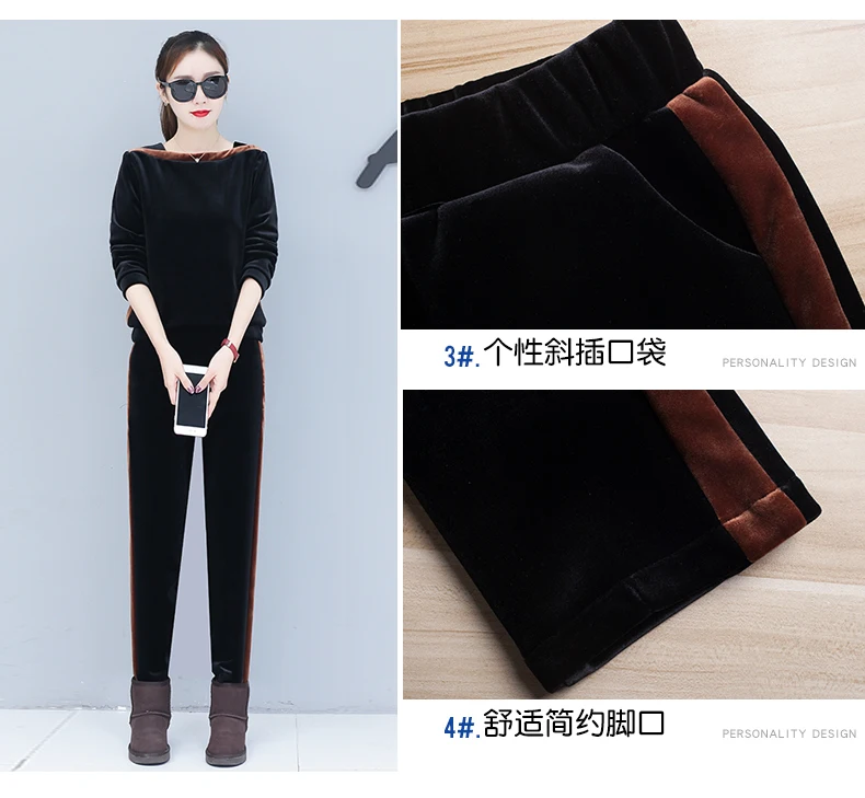Корейская мода плюс бархатный костюм зима утолщение pleuche two-piece наряд толстовки брюки vestido Повседневная теплая одежда