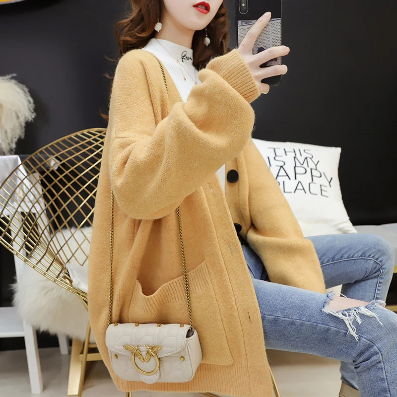Yellow PEONFLY корейские женские свободные кардиганы, пальто с двойным карманом, Модная трикотажная куртка, элегантный повседневный однотонный длинный кардиган, Мягкий Топ - Цвет: Yellow