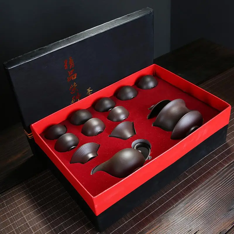Solid Brwon Gaiwan, чайник, керамический чайный набор для семьи, включает в себя 1 чайник, 8 чайных чашек, китайский чайный набор кунг-фу, портативный чайный набор
