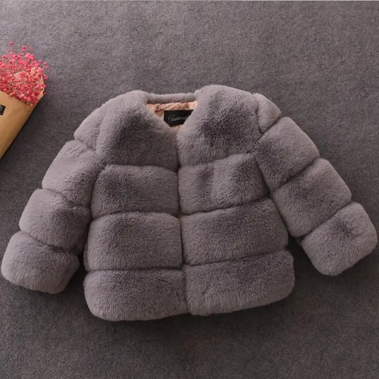 Winter Girls faux fur Coats fashion Children winter Jackets for girls clothes Kids Outerwear fur Jackets warm princess coat - Color: Gray