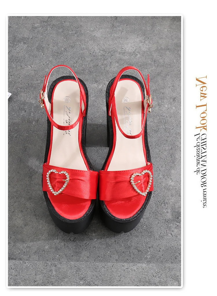 G-sparrow 14CM Comfortable Platform High Heels Thick Buckle Diamond Sandals Female Red Wedding Shoes Summer 2018 New Black35