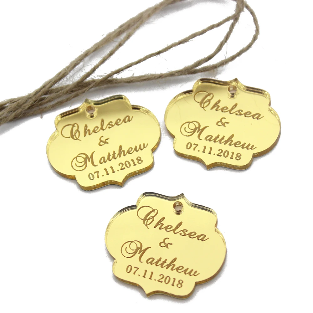 

30pcs Personalized Engraved Custom Mirror Wedding Tags Favor Gift Tag Fancy Oval Shape Tags With Jute Ribbon Decor Favors 1.57"