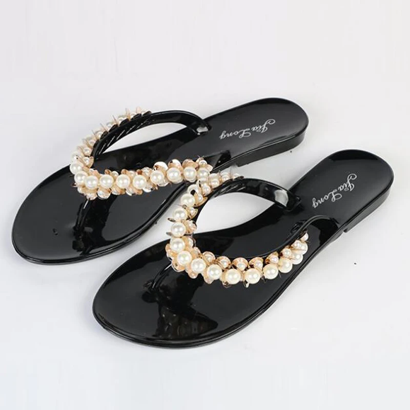 

COOLSA Women's Pearl Sequins Decorative Flip Flops Female Summer Outdoor Beach Slippers Casual Home Non-slip Flat Slippers Hot