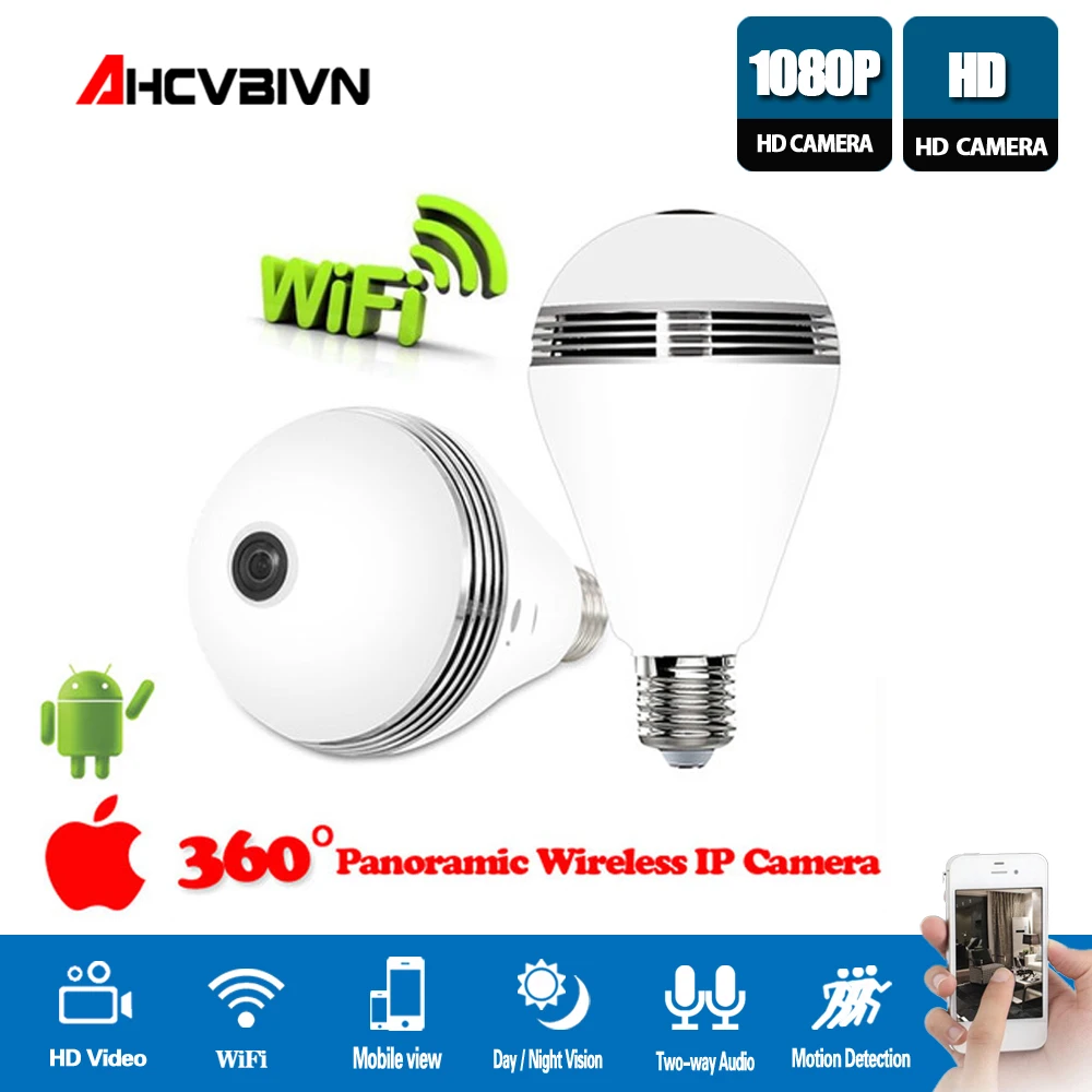AHCVBIVN Wi-Fi 360 градусов панорамная Беспроводная ip-камера 1080P HD домашняя охранная камера наблюдения лампочки камера мобильный вид монитор